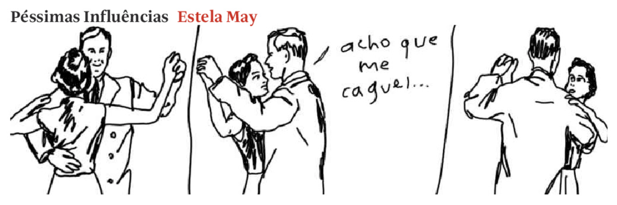 A charge retrata um casal dançando elegantemente, criando uma atmosfera romântica. No segundo quadro, o homem se inclina para sussurrar algo no ouvido da parceira, que mantém uma expressão séria. No terceiro quadro, ele diz: "acho que me caguei...", rompendo o clima de charme e elegância com um humor inesperado e escatológico.